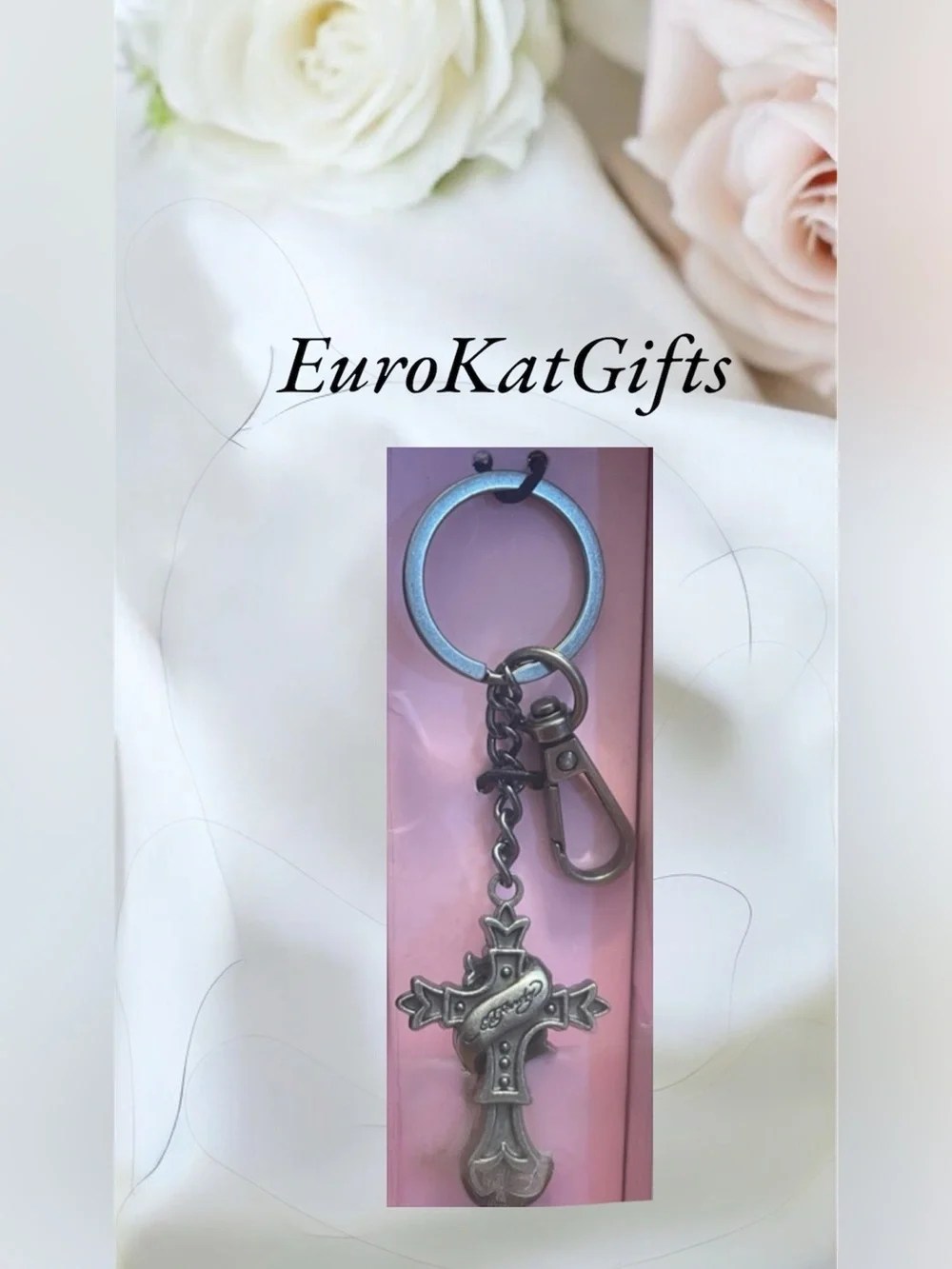 Antique Silver Ed Hardy Cross Keychain - Silver over stainless steel NEW
